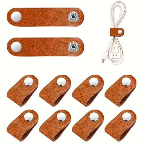 10 Pack PU Leather Cable Clips, Snap Button Wire Organiser Straps for USB Leads, Earphones and Desk Cable Management, Travel Cord Tidy Wrap - Brown