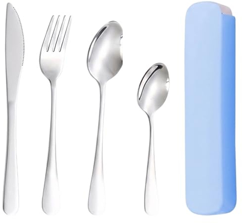 Portable Travel Cutlery Set, Camping Cutlery Set with Knife Fork Spoon, Lightweight Cutlery with Blue Storage Box, Compact Reusable Cutlery for Travel, Camping