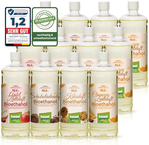 KieselGreen Bioethanol 12 x 1 Liter mit Duft für Ethanol-Kamin, viele Sorten - Bio Ethanol als Raumduft in vielen Duftnoten - Parfüm für Bio Ethanol Kamin Indoor oder Bioethanol Tischfeuer (M4)