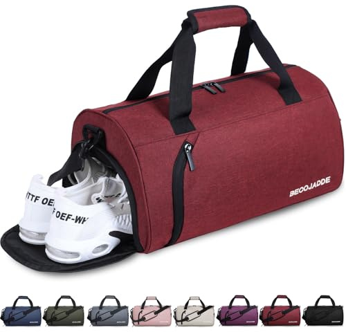 BECOJADDE Sac de sport pour homme et femme - Sac de voyage - Sac de nuit avec compartiment à chaussures et compartiment humide - Sac à main étanche pour le sport, la gym, la natation, Bordeaux, m, Sac
