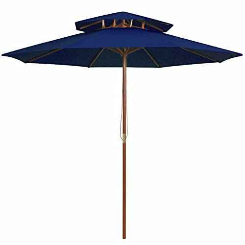 Homgoday Ombrellone a Due Livelli con Palo in Legno 270 cm Blu, Ombrellone da Giardino Spiaggia, Pesca Esterno Antivento Portabile per Balcone Terrazzo Esterno Piscina