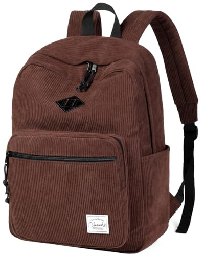 VASCHY Zaino Unisex in Velluto a Coste, Leggero Zaino Scuola Media e Superiore con Tasche Multiple e Scomparto Imbottito per Laptop 15,6 pollici Marrone