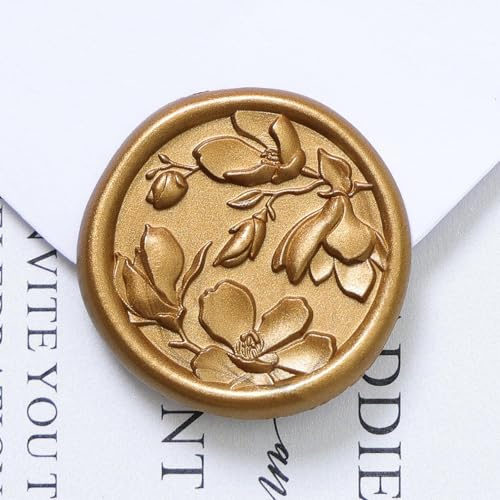 UNIQOOO Wax Seal Stickers - 3D Magnolia Wedding Invitation Envelope Botanical Seal Stickers, 50 Pcs Self- Adhesive Antique Gold Stickers, Perfect for Invitation, Christmas, Gift Wrapping, Party