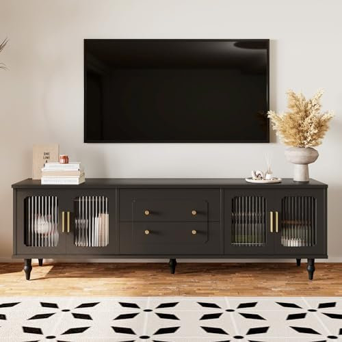 Ymkua TV Schrank, TV Lowboard, TV Möbel mit 2 Schubladen, Fernsehtisch mit Stauraum, Moderner Stilvoller TV Bänke mit 4 Türen, Wohnzimmermöbel für Wohnzimmer und Esszimmer, 175x38x55,5cm (Schwarz)