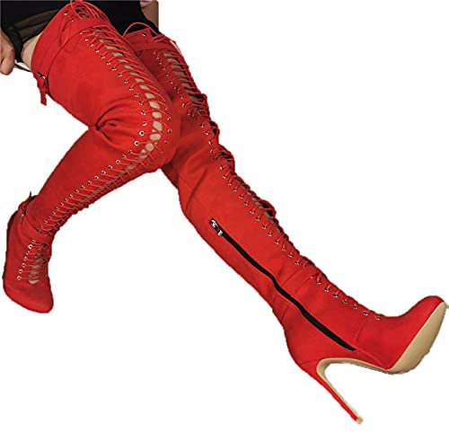Over The Knee Boots Dam,Lårhöga Stövlar Stiletto Roundhead Sexig Justerbar Snördragkedja Höstfestkväll (Röd 46 Eu)