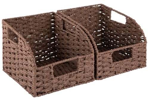 OIAHOMY Pantry Baskets for Organizing, Paper Rope Baskets with Built-in Handles, Wicker Storage Bins for Shelves, 2 Pack-Brown