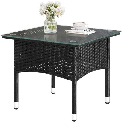 WOLTU Polyrattan Beistelltisch, Balkontisch klein, Gartentisch wetterfest, eckig, mit Glasplatte, für Balkon Terrasse Garten, 50x45,5x50 cm, Schwarz