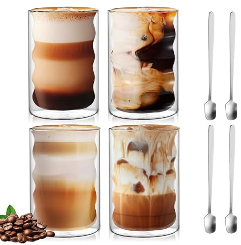Lot de 4 verres à latte macchiato à double paroi - 400 ml - Avec 4 cuillères - Verres à cappuccino - Tasses à expresso - En forme de spirale - Pour latte, thé, américain glacé