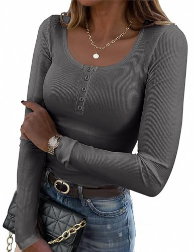 Zeagoo Women's Long Sleeve Tops Henley Neck Ribbed T Shirts Slim Fit Tee | Basic Stretch Tops, Knit Shirt, Fall Winter