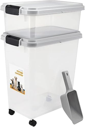 Home Beauty 3-Piece Airtight Pet Food Storage Container 50L Large Plastic Dog Food Bin with Measuring Scoop – Dry Cat Pet Animal Feed Dispenser – BPA-Free Locking Lid – (Grey)