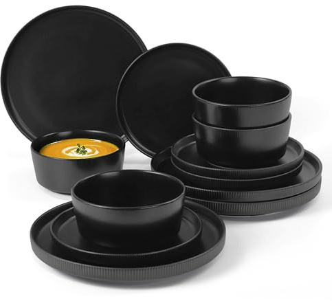 Jiwoo Geschirrset & Tafelservice 12 tlg für 4 Personen Bone China | 4 Speiseteller, 4 Dessertteller & 4 Schüsseln – stapelbar, spülmaschinen- & mikrowellengeeignet, robust und pflegeleicht