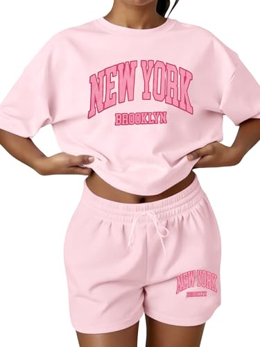 ASTANFY 2 Piece Short Sets for Women: Y2k Vacation Outfits Summer Workout Sets Graphic Tees Pink