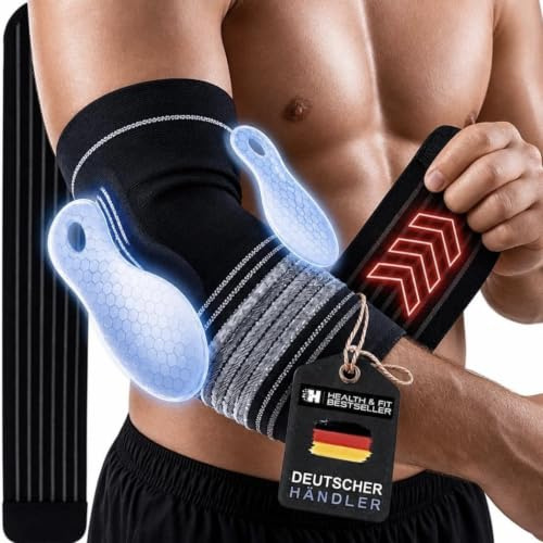 HEALTH & FIT Premium Ellenbogenbandage mit 2× Gel-Pads – Kompressionsbandage mit 2× Anti-Rutsch-Silikonstreifen & Fixierschlaufe, verstellbar & ergonomisch, für Sport, Arbeit & Alltag (L/XL)