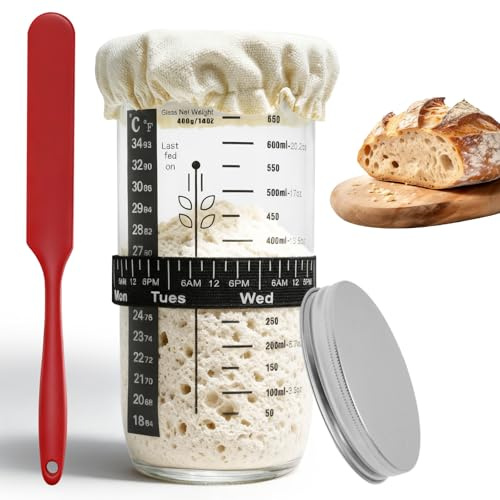 Zencantorous Kit Per Lievito Madre, 730 ml Barattolo Per Lievito Madre | Contenitore Lievito Madre, Vetro Fermentato Con Termometro E Spatola In Silicone, Per La Fermentazione Del Pane Domestico