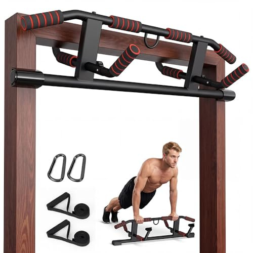 Centra Pull Up Bar for Doorway, No Drill Adjustable Chin Up Bar with Resistance Bands, Heavy Duty 200kg Multi Grip Home Gym Workout Bar, Fits Narrow & Standard Doors (55–92cm)