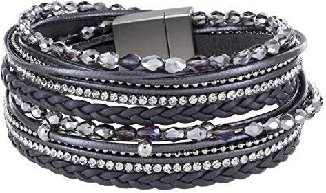 StarAppeal Armband Wickelarmband mit Perlen, Strass, Ketten und Flechtelement, Magnetverschluss Silber Matt, Damen Armband (Grau)