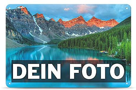 Blech-Schild mit Foto und Text selbst gestalten/Personalisierbar mit eigenem Bild als Metall-Poster / A4 (21x30cm) im Querformat/Weiss