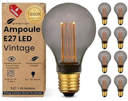 greenandco 8x dekorativ LED-glödlampa i vintage-stil | E27 A60 | Rök | 2W 45lm | 1800K Extra varmvitt | 320° | 230V | Flimmerfri | Ej dimbar