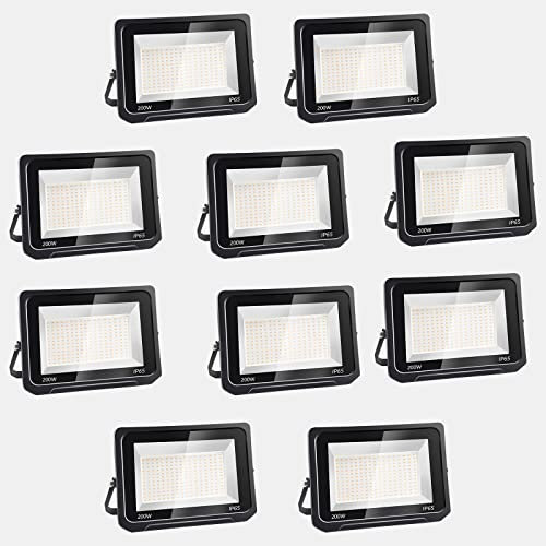 Bapro 10 Piezas Foco LED 200W Exterior 20000 Lúmenes - Proyector IP65 Luz Fría 6500K - Iluminación Decoración para Jardín, Parque, Garaje