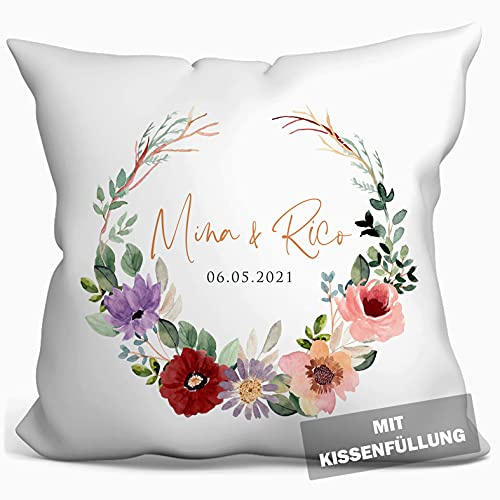 personalisierbares Kissen zur Hochzeit, Hochzeitskissen Auto Hochzeits-Geschenk Standesamt Kirchlich Freie Trauung, Kissenhülle mit Füllung, Kissen mit Namen und Datum weiß 40cm x 40cm (Bunte Blumen)
