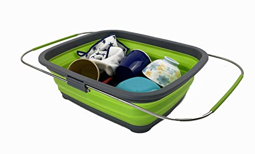 SAMMART 8L Expandable & Collapsible Plastic Dish Drainer - Foldable Drying Rack - Portable Dinnerware Organizer - Space Saving (Grey/Green, 1)