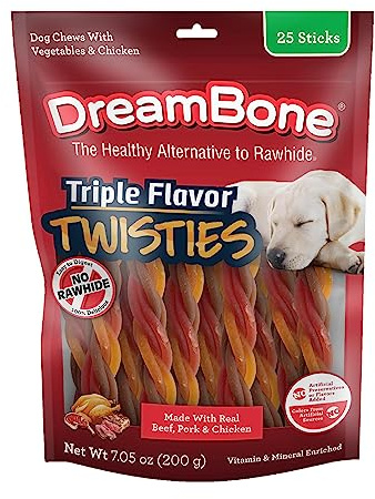 DreamBone Triple Flavor Twisties Chews for Dogs, Treat Your Dog to Easy-to-Digest Rawhide-Free Chews Made with Real Beef, Pork & Chicken, 25 Count