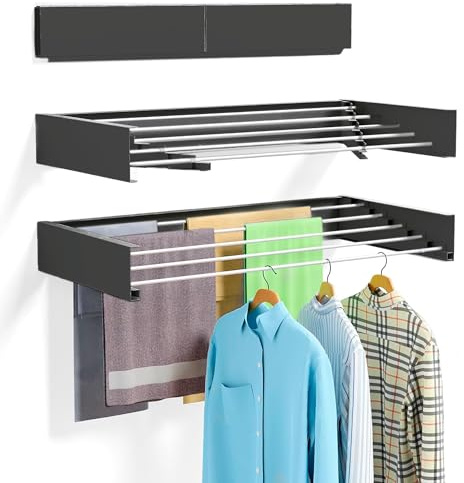 JUPPLIES Tendedero Pared Plegable Retractil 100cm - Tendederos Plegables de Pared para Interior o Exterior - Ahorra de Espacio con Diseño Compacto de 30 kg de Capacidad - (100cm, Negro)