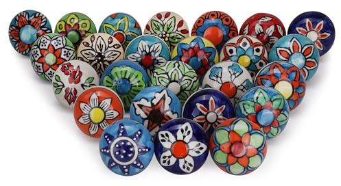 FURNISHFUL FINESSE Keramikknöpfe, Küchenschrank-Zuggriff, mehrfarbig, verschiedene Knäufe, Schrankknöpfe für Kommodenschubladen, Kleiderschränke, Boho-Raum, dekorative, bunte Möbelknöpfe, 25er-Pack