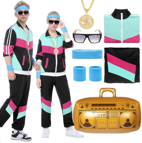 Blisscok 90er 80er Jahre Outfit Herren Damen,8Pcs 80er 90er Outfit New Kid Kostüm Damen Herren mit Jacke Hose Goldkette Stirnband Armbänder Brille Aufblasbare Radio für Paare Carnival (Schwarz, L)