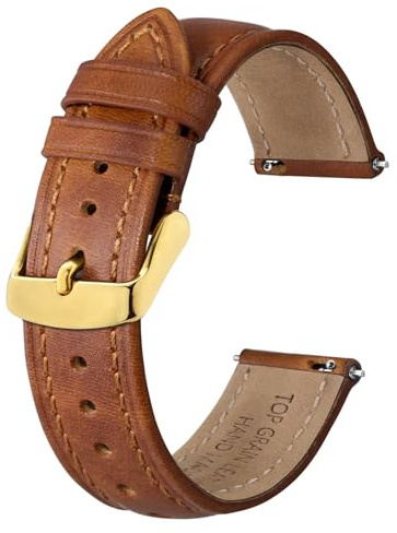 BISONSTRAP Cinturini per Orologi da Uomo in Pelle Retrò, Cinturino di Ricambio in Pelle di Vitello Cerata a Olio, Sgancio Rapido, 18mm, Marrone Caramello (Fibbia Dorata)