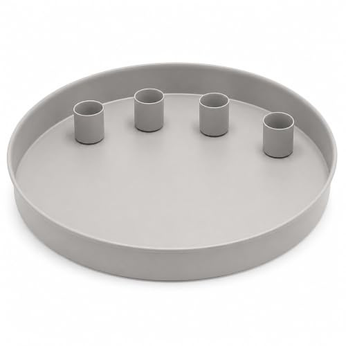 MIJOMA - Rundes Metall-Tablett Ø25cm, Ideal für Advent & Alltagsdekoration, Pulverbeschichtet, Mit 4 Magnetischen Stabkerzenhaltern für Kerzen Ø2cm, Individuell Arrangierbar (Grau)