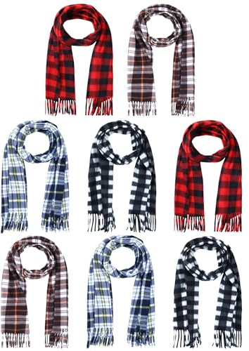 Fourluoo 8 Pcs Kids Winter Scarf Buffalo Plaid Kids Scarves Christmas Warm Shawls Scarves Parent Child Scarf for Boys Girls(Classic Color,M)