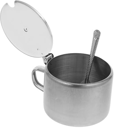 Tarro de Especias de Acero Inoxidable con Tapa, Cuchara y Asa | Plata, Diseño Compacto para Cocina y Restaurantes, 1, Mantiene