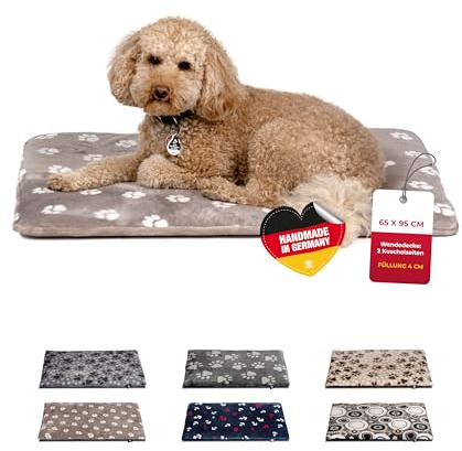 HS-Hundebett® Hundedecke M (65x95 cm) – Wendbar & gemütlich Dank 3 cm Füllung – Perfekt fürs Sofa, Auto & Hundebox – Tatze Beige, Made in DE