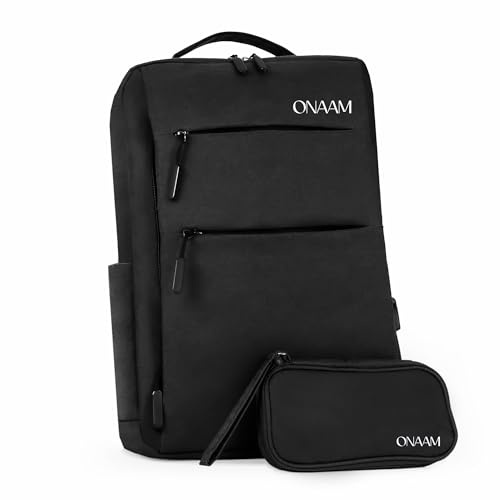 ONAAM Mochila Portatil 15,6 Ligera 0,5kg para Trabajo y Oficina Hombre Mujer, Mochila Ordenador Impermeable con Puerto USB y Estuche Portacables, Viaje Universidad Elegante Negro