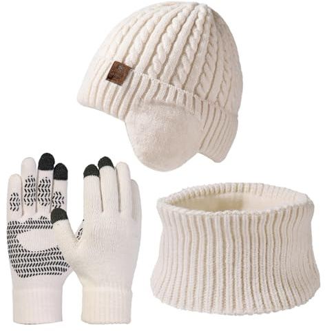 Decorie 3 Pcs Unisex Winter Knitted Warm Hat Scarf and Gloves Set - Beanie Cap with Earflaps,Touchscreen Gloves and Neck Warmer Scarf Fleece Lined for Men and Women (Cream,One Size)