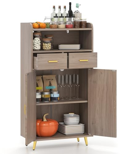 GIANTEX Credenza Cucina, Piano Superiore con Bordo Anticaduta, Scomparto Aperto, 2 Cassetti e Armadietto a Doppia Anta, Mobile Moderno con 2 Antiribaltamento per Soggiorno e Ingresso (Grigio)