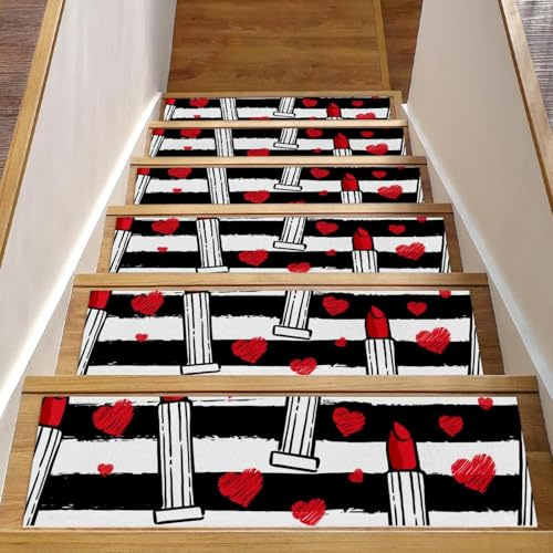 Gradini per scale in legno per interni, 15 confezioni da 20,3 x 76,2 cm, rossetti rossi da donna, strisce nere e bianche, tappetini antiscivolo per scale, con retro in TPE