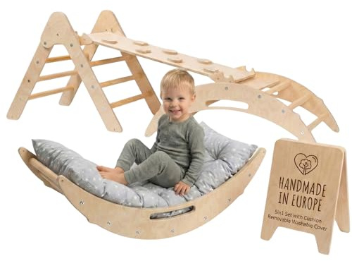 WoodsCraft - Handmade 5in1 Montessori Kletterset: Kletterdreieck, Kletterbogen mit Kissen & 2in1: Rutsche Indoor/Klettern Rampe | Holz Klettergerüst Indoor Spielgeräte & Spielplatz
