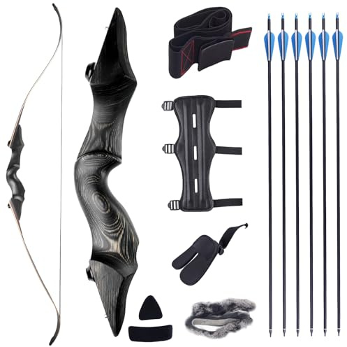 MOYJ 60inch 50LBS/45LBS/40LBS Hunting Takedown Recurve Bow and Mixed Carbon Arrow Competition Wooden Longbow Kit Adults for Outdoor and Practice (50LBS)