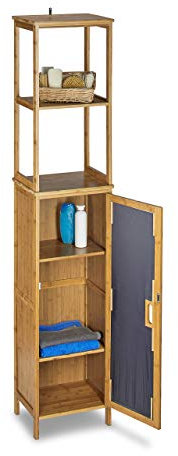 Relaxdays Badregal Bambus mit 5 Ablagen, Standregal mit Schranktür HxBxT: 170 x 33,5 x 28 cm, Badschrank stehend, natur