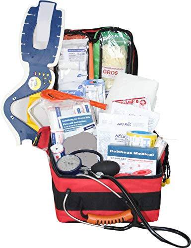 Erste Hilfe Notfallrucksack Schulsanitäter mit man. Blutdruckmessgerät & Stethoskop aus Plane mit Reflexstreifen