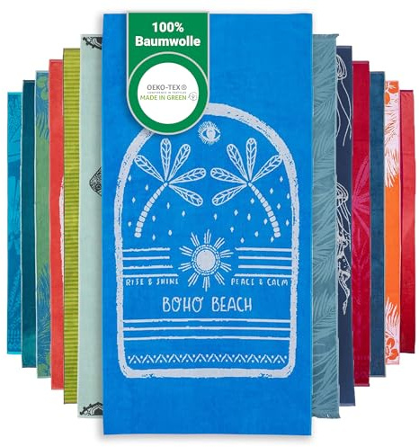 BaSaTex Baumwolle Velours Strandtuch, 90x180 cm, Boho Blau | 100% Baumwolle, Made in Green Zertifiziert, Frottee Seite, Velours Seite, Strandhandtuch