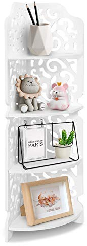 Cocoarm Eckregal mit 4 Ebenen Ablagen Bücherregal Aufbewahrungsregal Badezimmer Stehend Weiß Stehend Display Carved Dampproof 4-Lagiges Eckregal Weiß Lagerregale aus Holz
