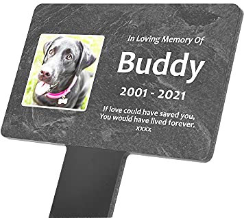NEW Personalised Pet Memorial Plaque with Stake - add your pet's photo, outdoor, decorative, grave marker (Slate Effect LARGE)