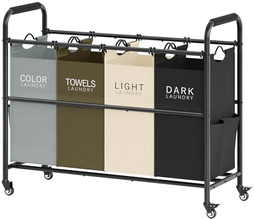 Tajsoon 4 Bag Laundry Sorter Cart, 4 Section Laundry Hamper Sorter with Heavy Duty Lockable Rolling Wheels, Laundry Separator Hamper with Removable Bags for Dirty Clothes Storage, 4 Colors