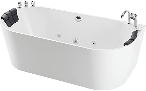 Empava 67 in. Acrylic Freestanding Tub Hydromassage Gracefully Oval Shaped Whirlpool 8 Water Jets Soaking SPA, Double-Ended Massage Bathtub with Two Black Pillow , White