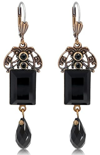 Jugendstil Ohrringe Schwarz Gold Baguette Schliff Marken Kristalle NOBEL SCHMUCK