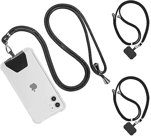Kinizuxi 3 Packs Crossbody Phone Lanyard Strap with Patch, Adjustable Nylon Neck Strap Necklace Strap for iPhone Lanyard Around The Neck Compatible with Most Smartphones-Black