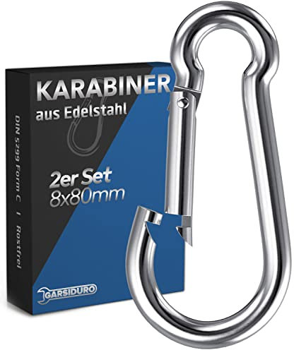 GARSIDURO® Edelstahl Karabiner | 2er Set 8x80 mm | Karabinerhaken DIN 5299 rostfrei | Feuerwehr Karabiner mit Schnappverschluss geeignet als Schlüsselanhänger Karabiner oder Schwerlast Karabiner